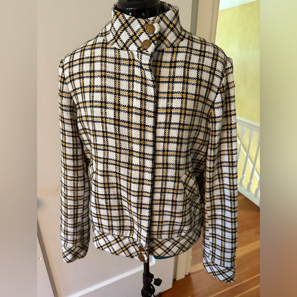Karl Lagerfeld black, gold, and white plaid jacket